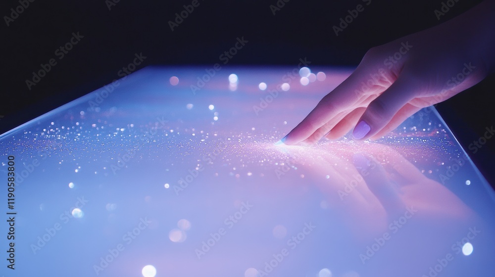Poster hand interacting with glowing interactive surface in futuristic workspace. innovative digital techno