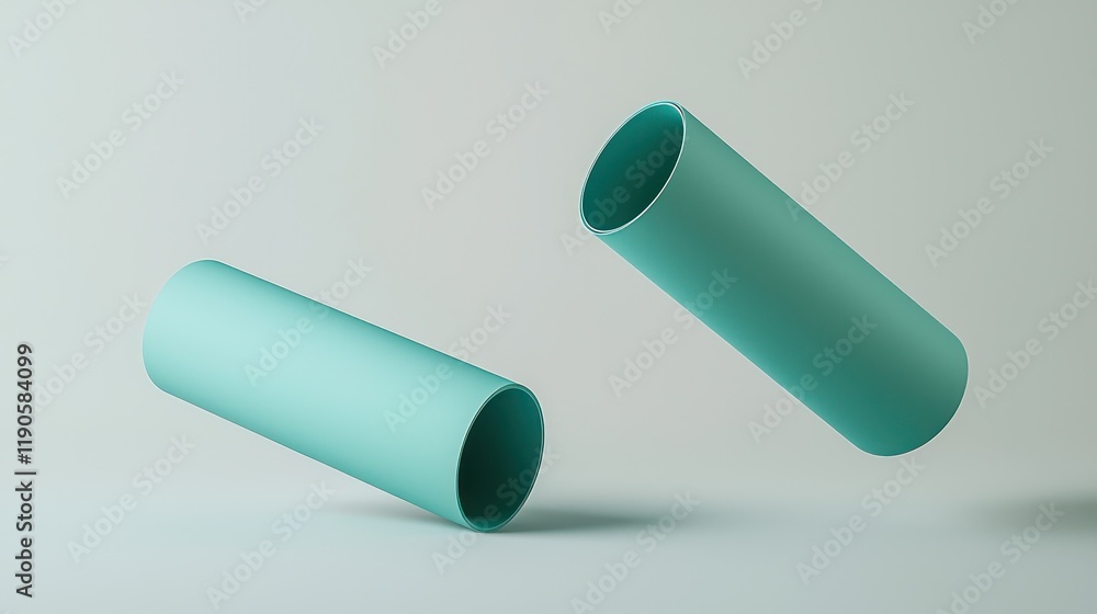 Poster soft gray background with floating teal paper tubes, creating a sleek and minimalist display.