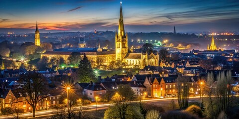 Obraz premium Cityscape at night with Norwich Cathedral in the foreground, lit up by streetlights and church lights, with a few buildings and trees in silhouette, urban landscape, town square
