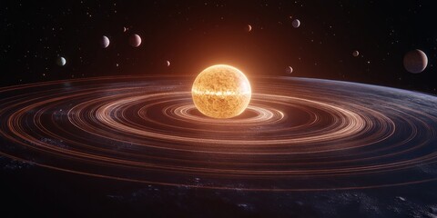 Fototapeta premium A digital model of the solar system, with planets revolving around the sun, visually depicting astronomical theories and the movement of celestial bodies in space.