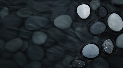 The water appears to be murky and the rocks are scattered throughout the scene