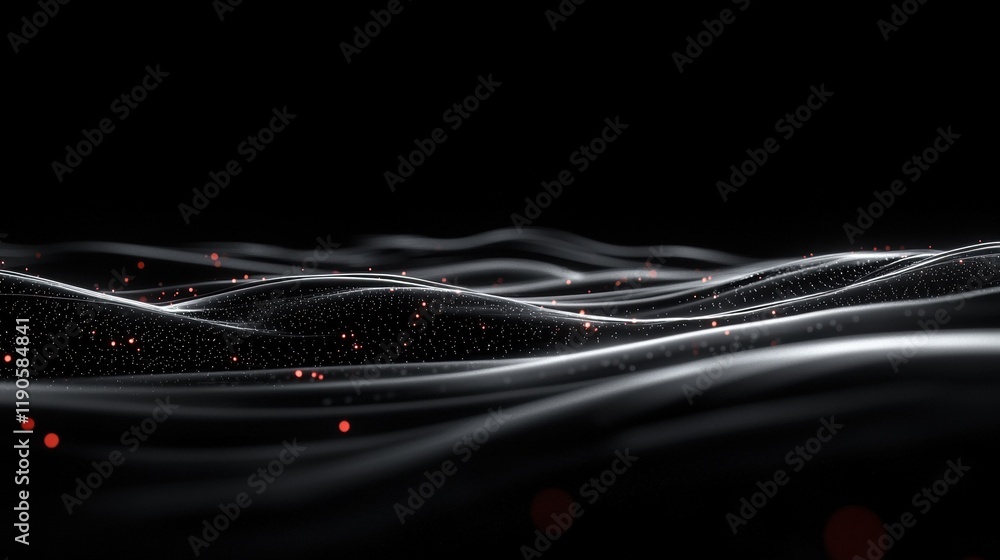 Poster a black and white image of a wave with red dots on it