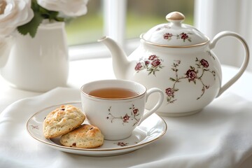 A cup of tea with two scones on the side, sitting next to an elegant teapot, set against a white tablecloth and soft window light