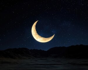 Radiant constellations surrounding a glowing crescent moon, celestial beams creating a breathtaking nightscape