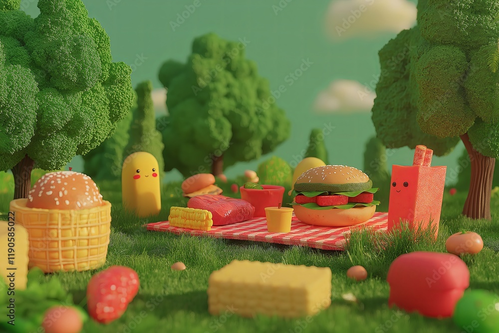 Poster A playful 3D scene of animated food characters having a picnic