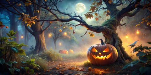 Glowing Jack o Lantern in moonlit garden amidst autumnal foliage and misty atmosphere with twisted tree branches, night