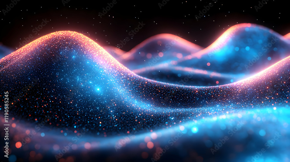 Poster abstract blue and orange particle wave background with glowing lights and dynamic texture