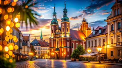 Obraz premium Franciscan Church Opole Poland, Evening Bokeh Lights, Architectural Detail