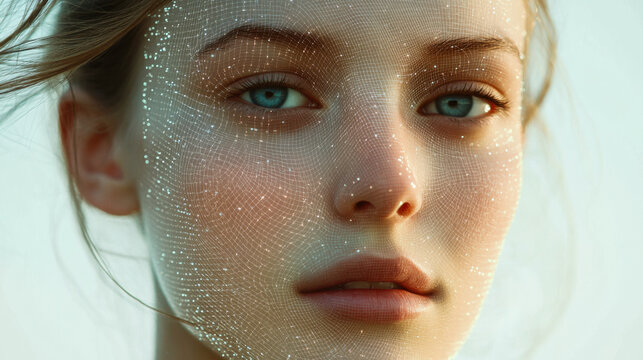 Close-up of a model with shimmering mesh and intricate details, showcasing beauty and artistry in a soft light setting