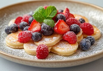 Delicious Mini Pancakes Topped with Fresh Strawberries, Raspberries, Blueberries, and Mint Leaves on a Textured Plate, Perfect for Breakfast or Brunch