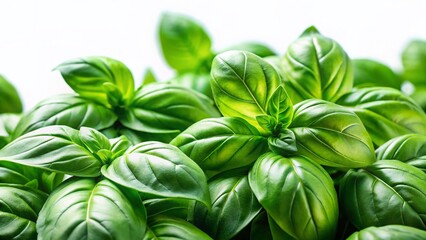 Obraz premium Fresh Basil Leaves Isolated on White Background - Culinary Herb Photography