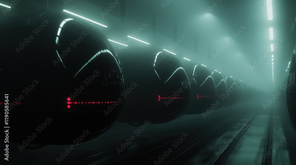 Poster a train with a red light on it is in a tunnel