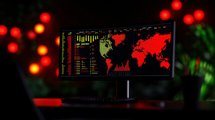 modern computer monitor displaying animated business charts and global data visualizations in vibrant colors, set against dark background with decorative lights