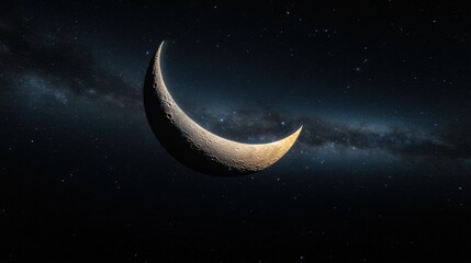 Crescent moon glowing softly amidst radiant stars, supernatural beams cascading through the tranquil sky