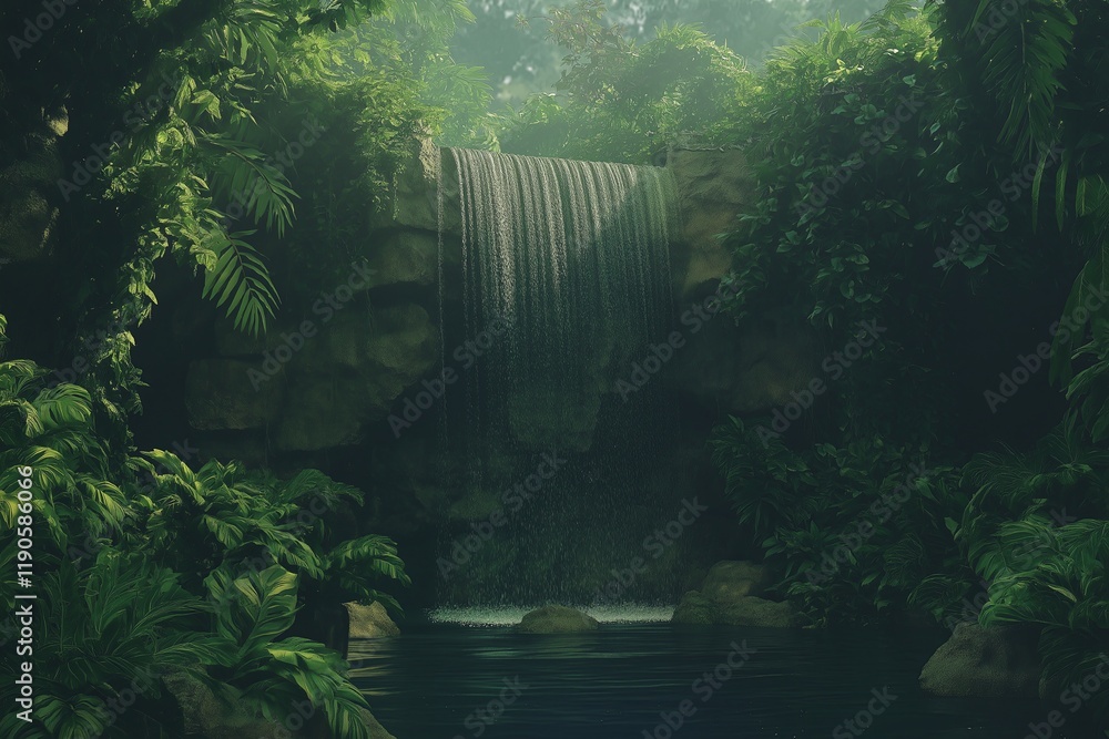 Poster a realistic waterfall with sparkling water drops in mid-air, surrounded by lush greenery