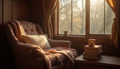 Fototapeta premium Cozy reading nook with armchair and window view