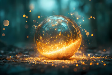 A glowing orb breaking into tiny light fragments, symbolizing transformation. An abstract representation of change