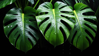 Large green monstera leaves on a black background with mist and raindrops, creating a mysterious and natural atmosphere. Generative AI