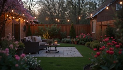 Obraz premium Backyard patio with string lights and cozy seating at sunset