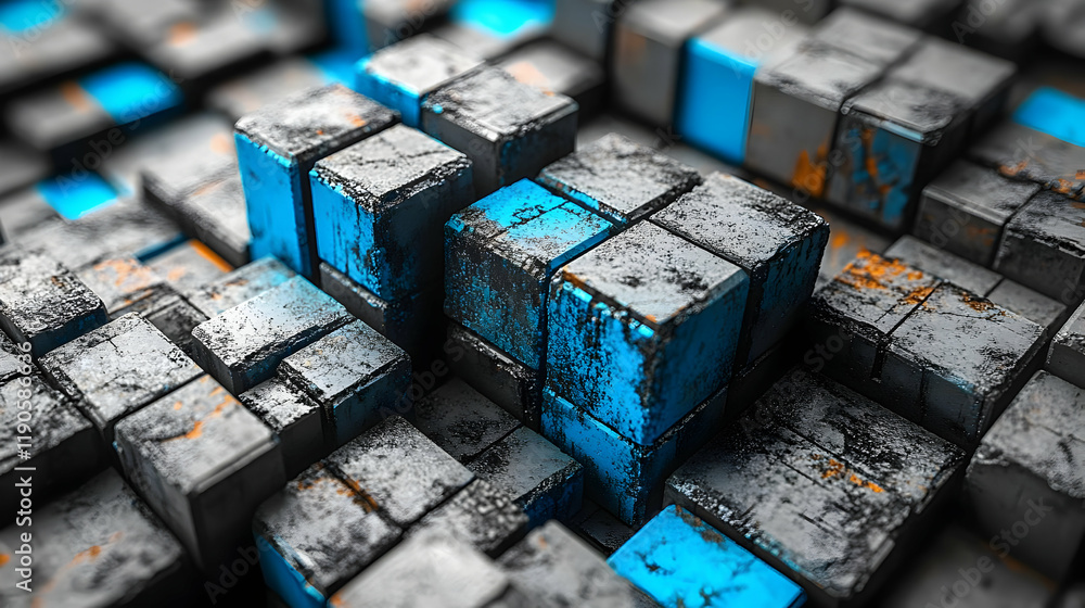 Poster abstract 3d rendering of a geometric pattern with textured cubes in shades of grey and blue