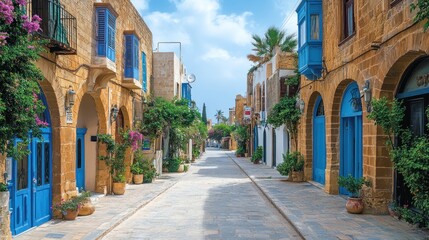 Fototapeta premium Charming Mediterranean Street with Vibrant Architecture and Lush Foliage