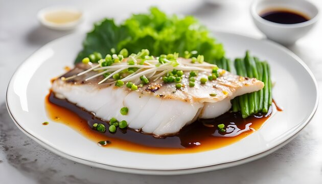 Steamed Dory fillet fish with spicy soy sauce and ginger served on white plate. Chinese food style.
