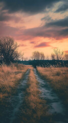 Fototapeta premium Tranquil Evening on a Winding Road Scenic Views of Nature, Sunset Sky, and Serene Countryside Landscape