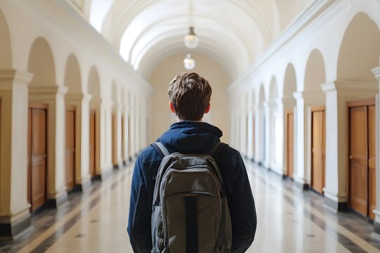 Student Walking Down University Hallway