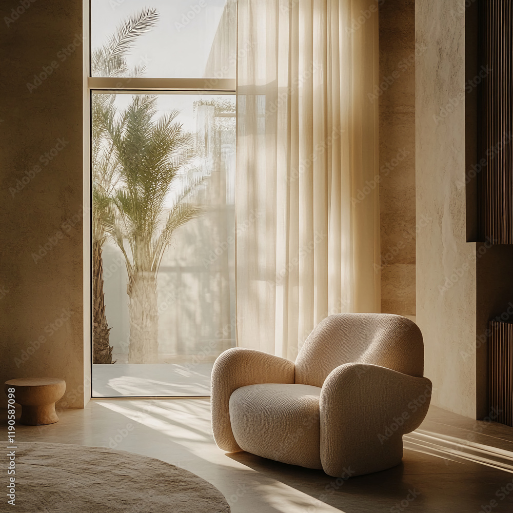 Poster modern armchair with soft lighting near large window and sheer curtains