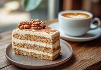 Delicious slice of creamy cake topped with pecans, served alongside a cup of rich coffee in a cozy cafe setting, perfect for a delightful afternoon treat.