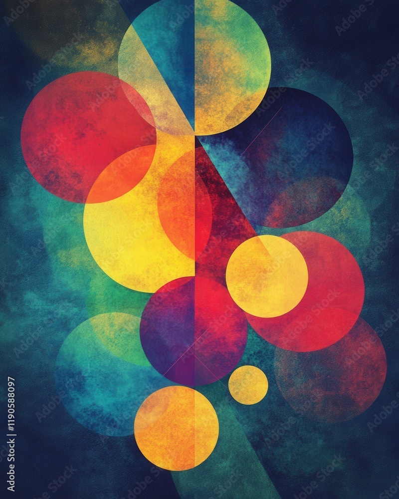 Poster a creative overlay of gradients in geometric shapes like circles and triangles, layered for depth