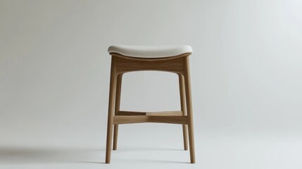 Modern wooden bar stool with a white cushioned seat against a white background.
