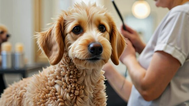Dog grooming session at a busy pet salon with a caring professional trimming a fluffy dog's fur