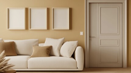 Modern living room interior, beige sofa, three frames, door, calm background