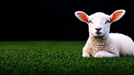 Fototapeta premium close up of lamb lying on soft grass, showcasing its fluffy white wool and curious expression. serene setting highlights innocence and charm of this young animal