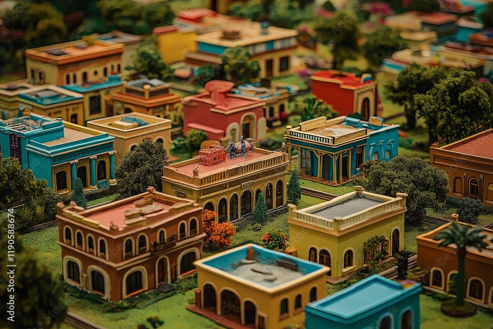 Poster a vibrant and colorful toy village with intricate details. --ar 3:2 --style raw --profile du61nug --
