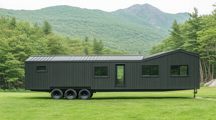 Modern black trailer home surrounded by lush green mountains in daylight