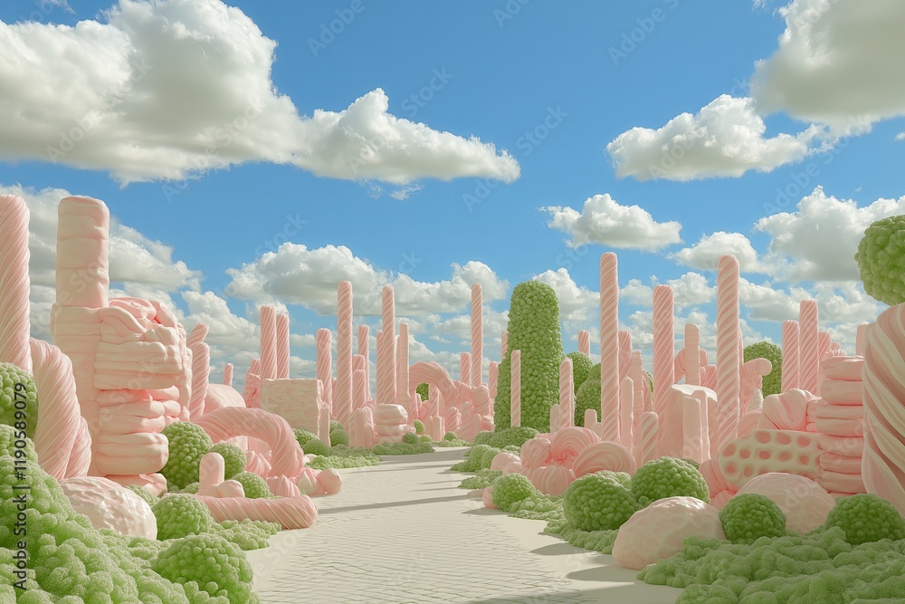 Poster A whimsical 3D rendering of a fantasy candy land. --ar 3:2 --style raw --profile du61nug --v 6.1 Job ID: 5ec7bfb4-7a36-462c-8c18-a39434948b09
