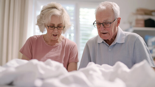 Elderly couple folding laundry together, sharing moment of joy and connection. Their expressions reflect warmth and companionship in cozy home setting - Powered by Adobe