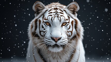 White tiger in snowfall, intense gaze.