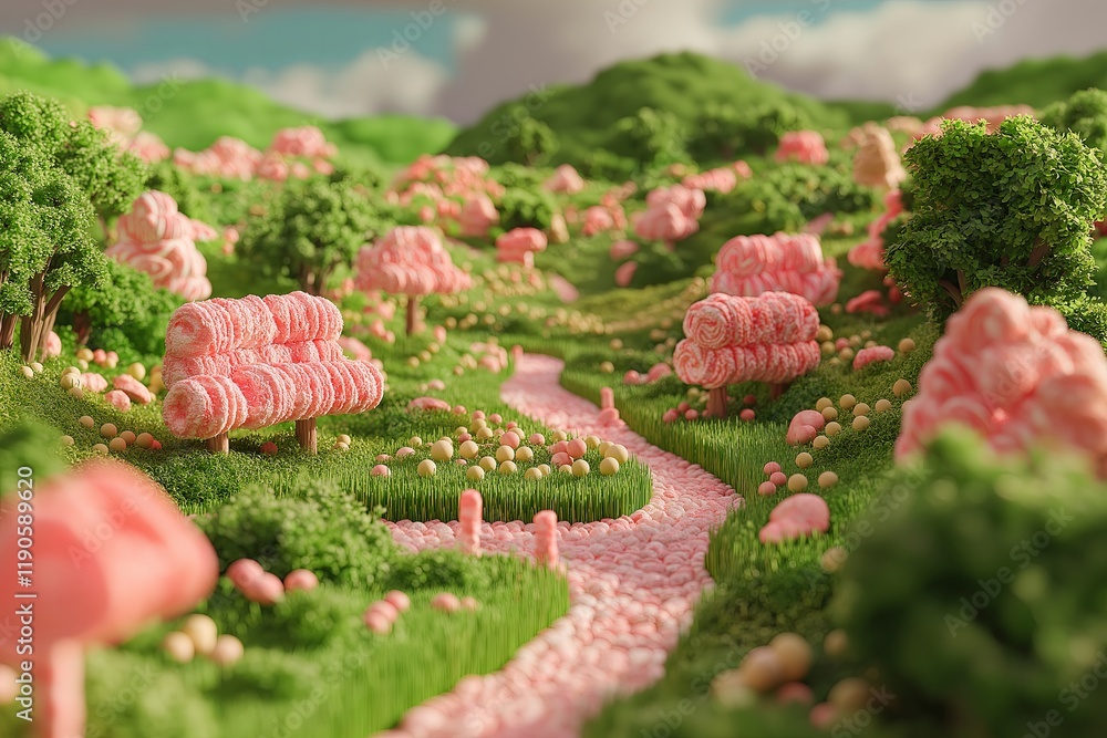 Aufkleber a whimsical 3d rendering of a fantasy candy land. --ar 3:2 --style raw --profile du61nug --v 6.1 job