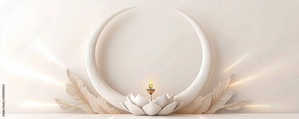 Poster a serene composition featuring a crescent shape with a golden element at the center, surrounded by l