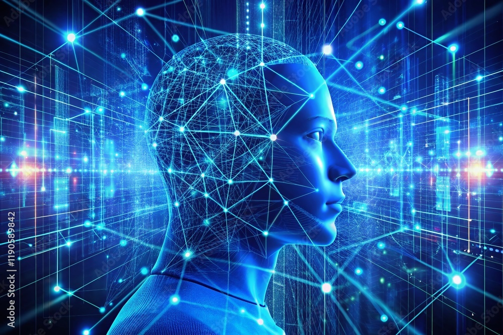 Poster futuristic blue data matrix simulation: digital grid & lines on hud background