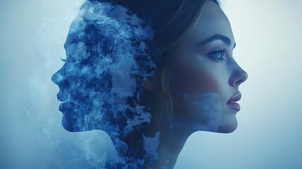 Businesspeople in a double exposure shot with digital symbols and technology, set against a blue and white background