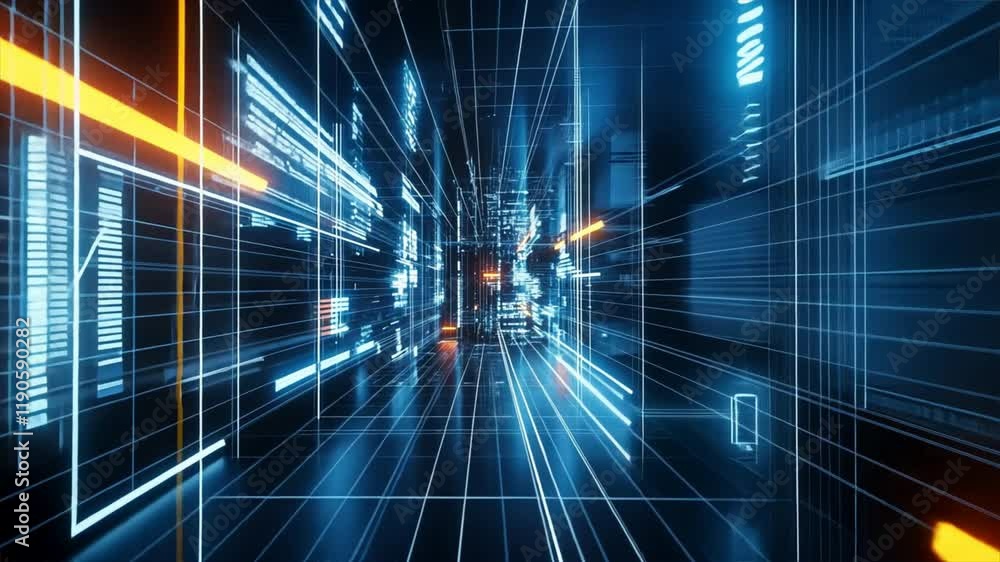 Poster futuristic digital corridor glowing lines and data streams showcasing technology, innovation, and sp
