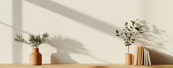 A cozy room with books and plants arranged in perfect order, sunlight casting soft shadows over the decor