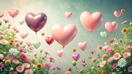 Heart-shaped balloons floating in mid-air surrounded by pastel-colored flowers and lush greenery , spring