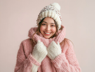Cozy Winter Portrait of a Woman in Knitted Hat, Scarf, and Sweater on a Cold Day