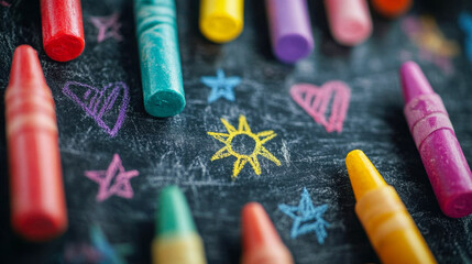 Colorful crayons and vibrant chalk drawings on a blackboard filled with playful hearts and stars in a creative workspace