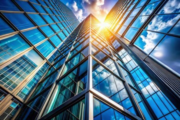 Obraz premium Futuristic Glass Skyscraper Architecture, Modern Building Design, Blue Sky, Sunlight, Macro Steel Detail